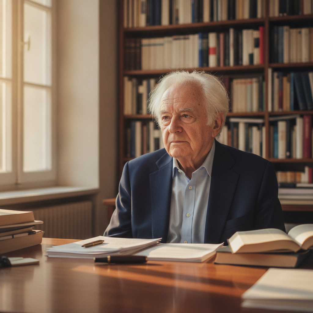 Jürgen Habermas, autor de Direito e Democracia, simbolizando o pensamento crítico e a teoria comunicativa.