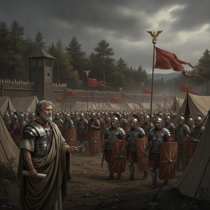 Acampamento militar romano no século II com soldados e figura pensativa de Marco Aurélio