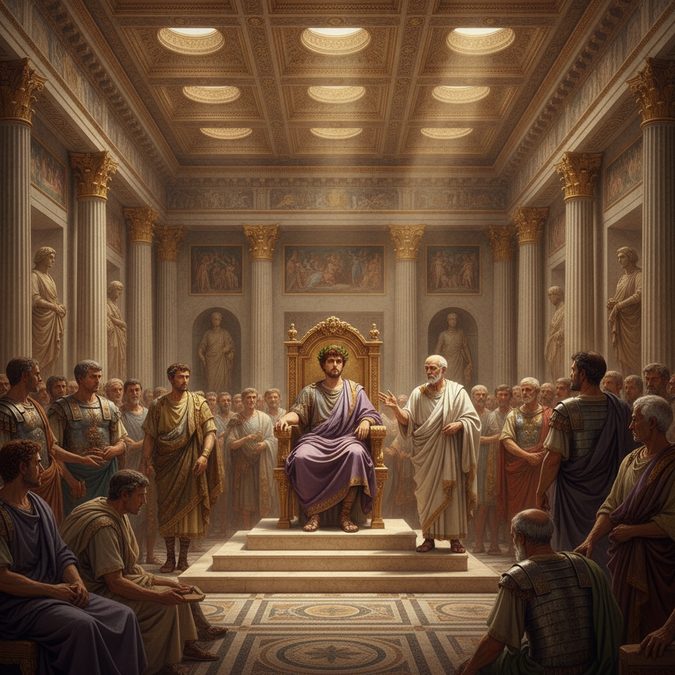 Salão imperial romano com Nero e Seneca em discussão sobre clemência