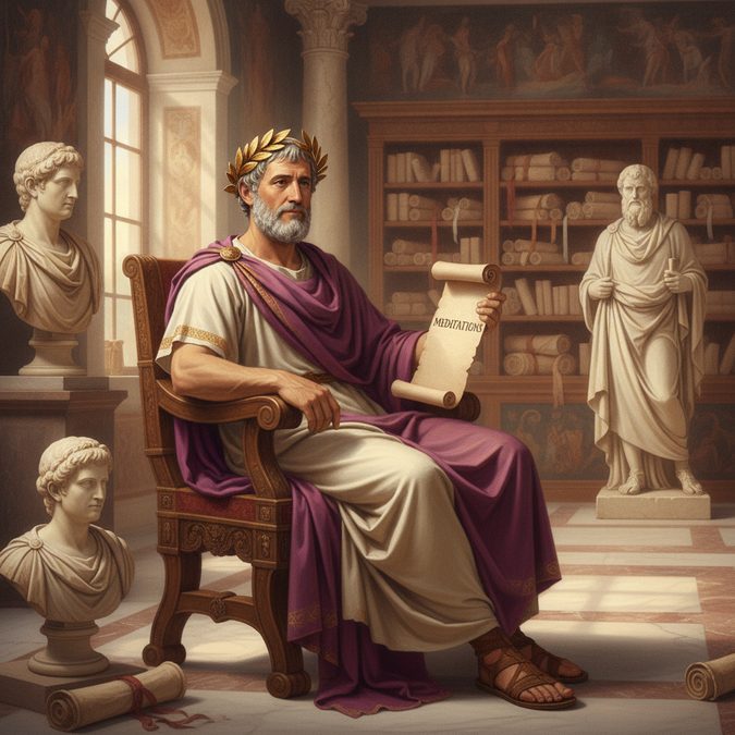 Marco Aurélio e sua obra Meditações, reflexões do imperador estoico romano.