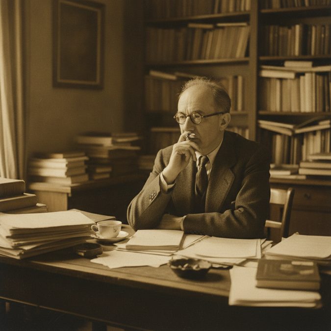 Jean-Paul Sartre em seu estudo, representando O Existencialismo é um Humanismo.